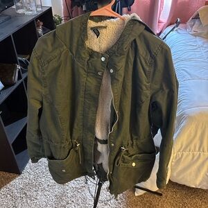 Olive Green Hooded Jacket with Sherpa Lining